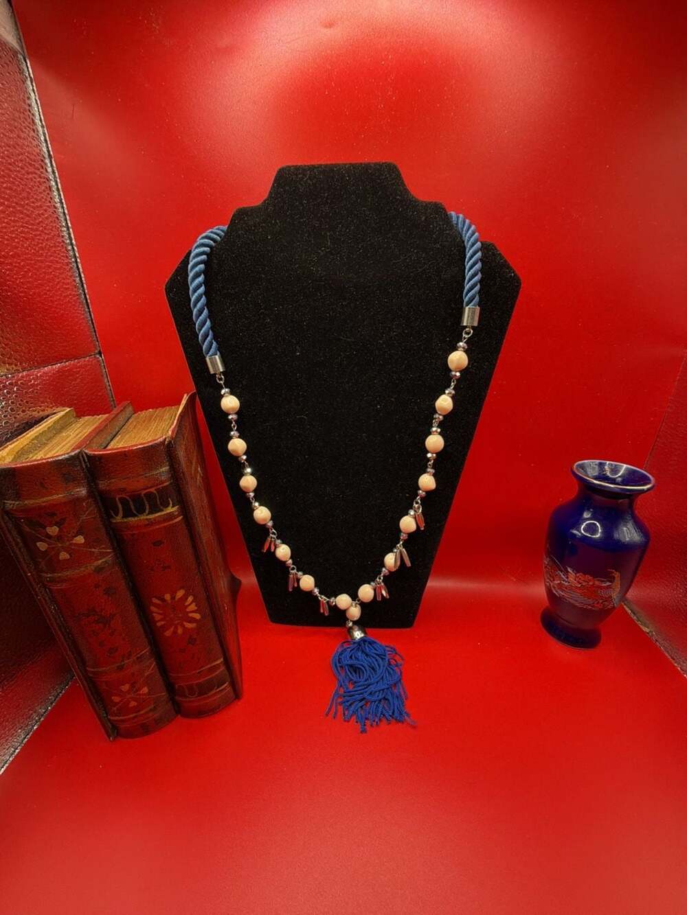 Charming Charlie Blue Cord And Peach Bead Tassel Necklace